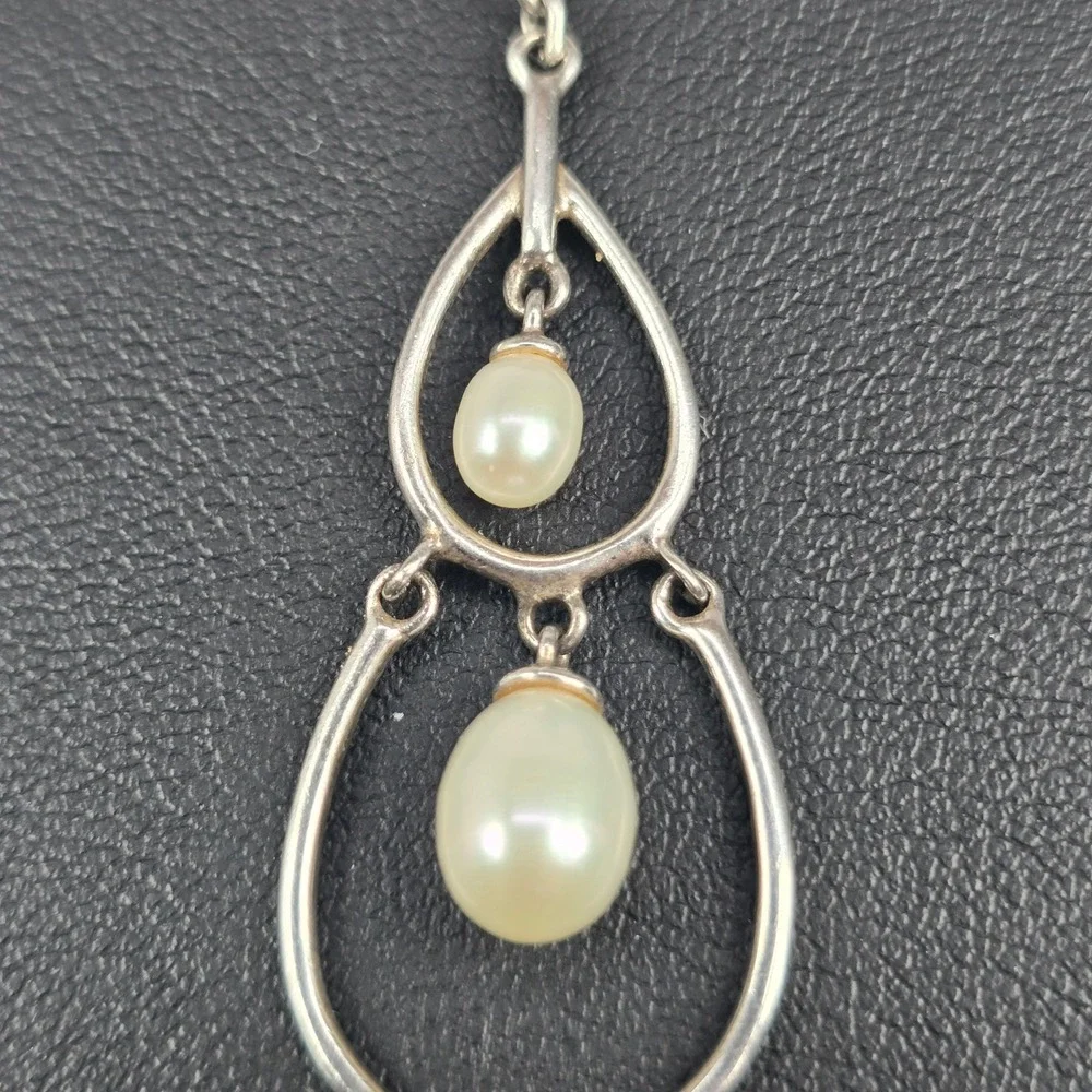 Sterling Silver 925 Double Teardrop Dangle Pearl Pendant Rope Chain Necklace 16